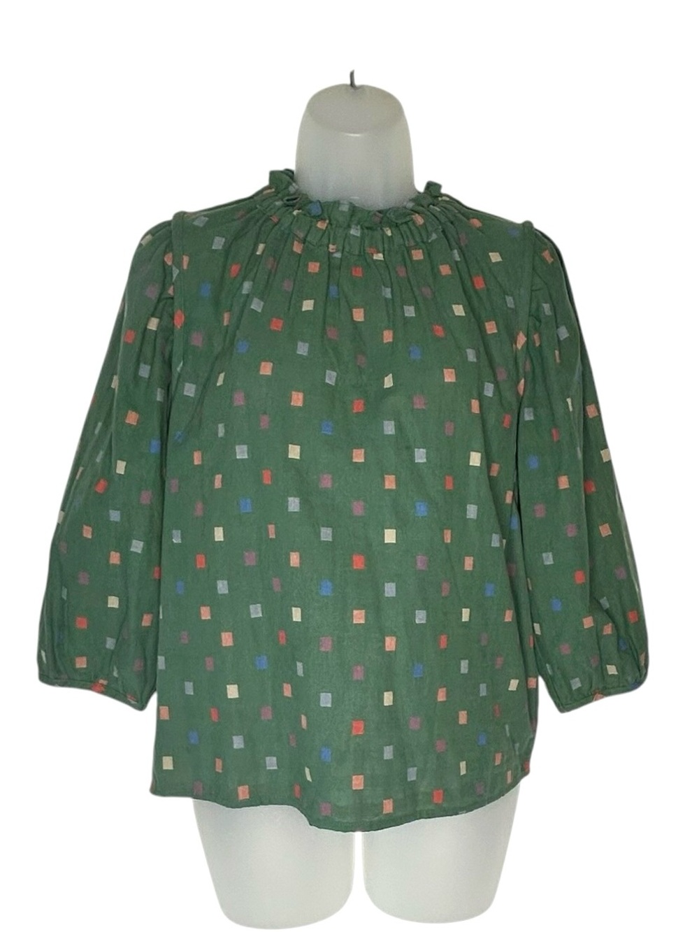 RO & DE Women XS Isabetta Anthro Green Multi Square Ruffle Neck Boho Top Blouse.